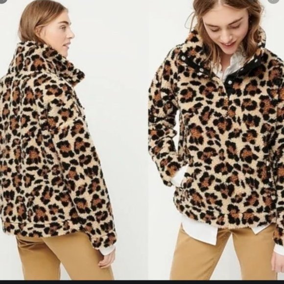 J.Crew Snap Collar Sherpa Sweatshirt in Leopard - L - Picture 1 of 8